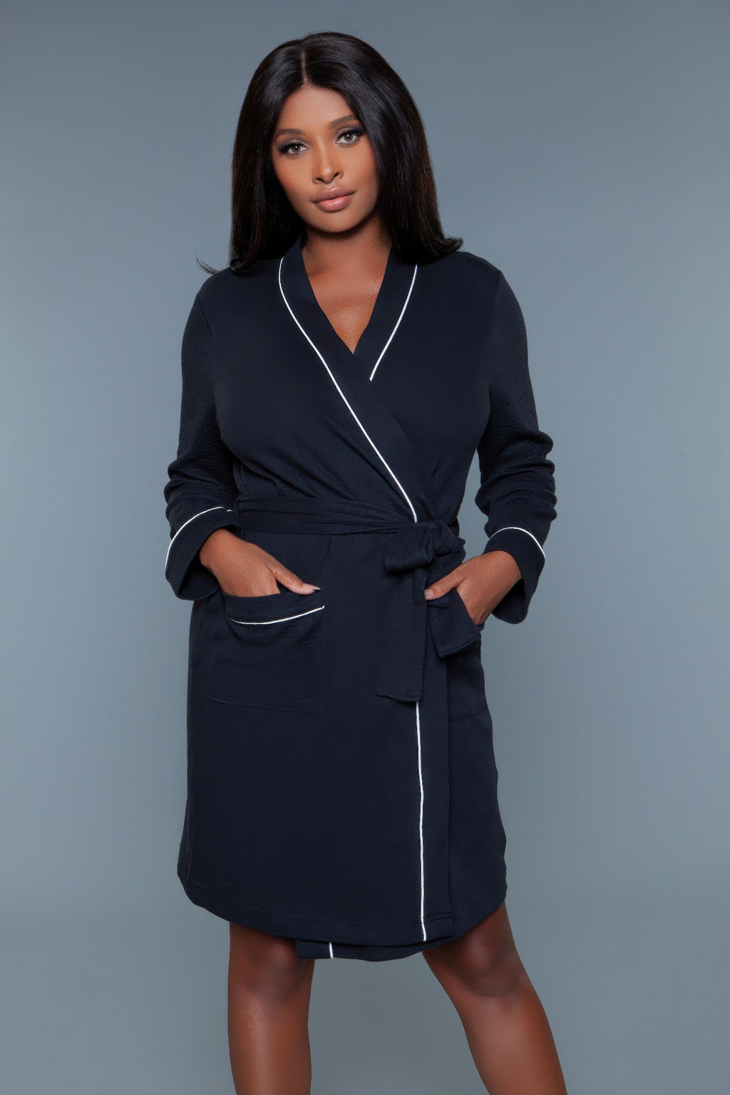 Women's navy bathrobe, soft material, perfect for relaxing at home