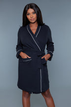 Women's navy bathrobe, soft material, perfect for relaxing at home