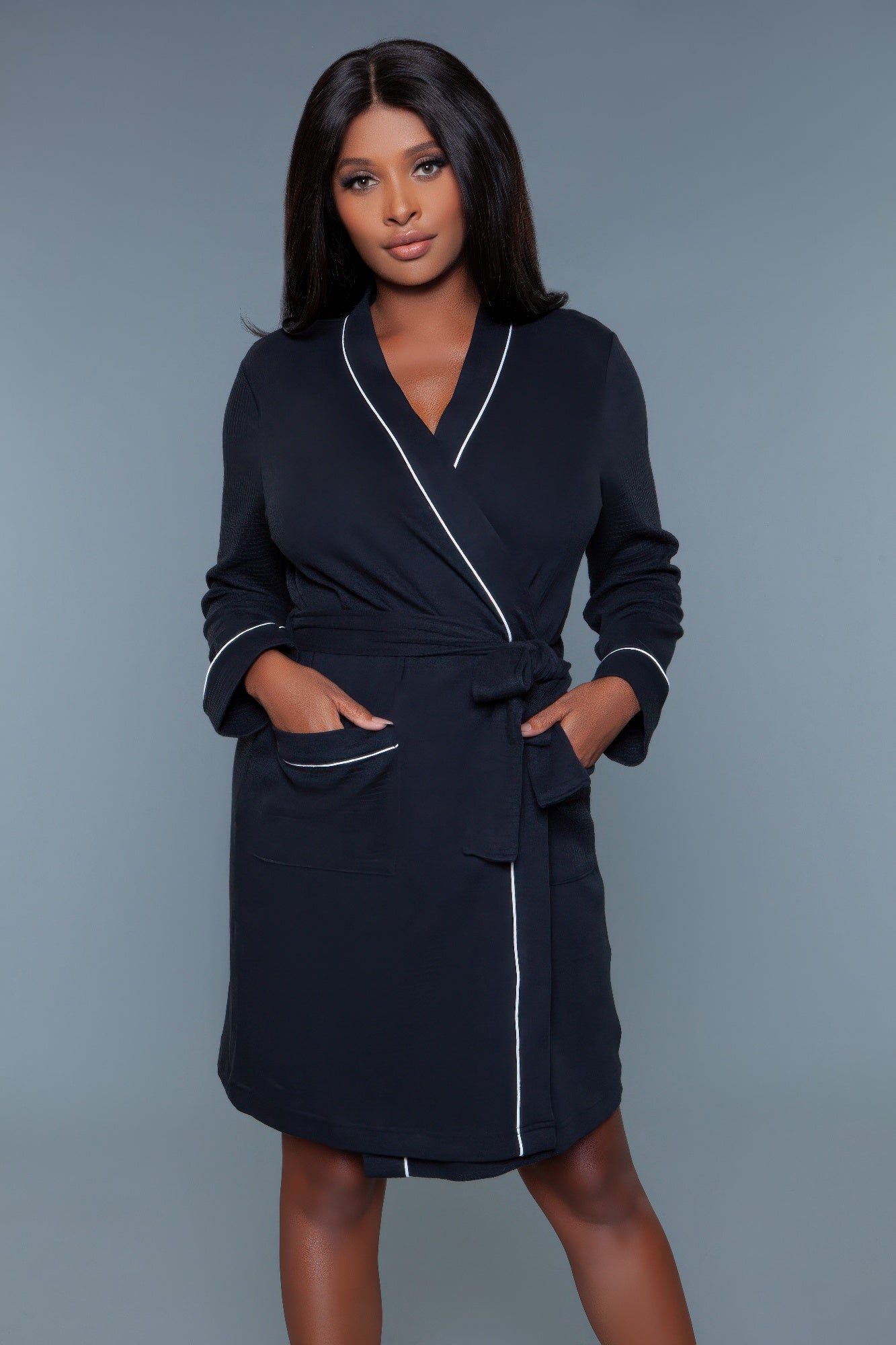 Women's navy bathrobe, soft material, perfect for relaxing at home