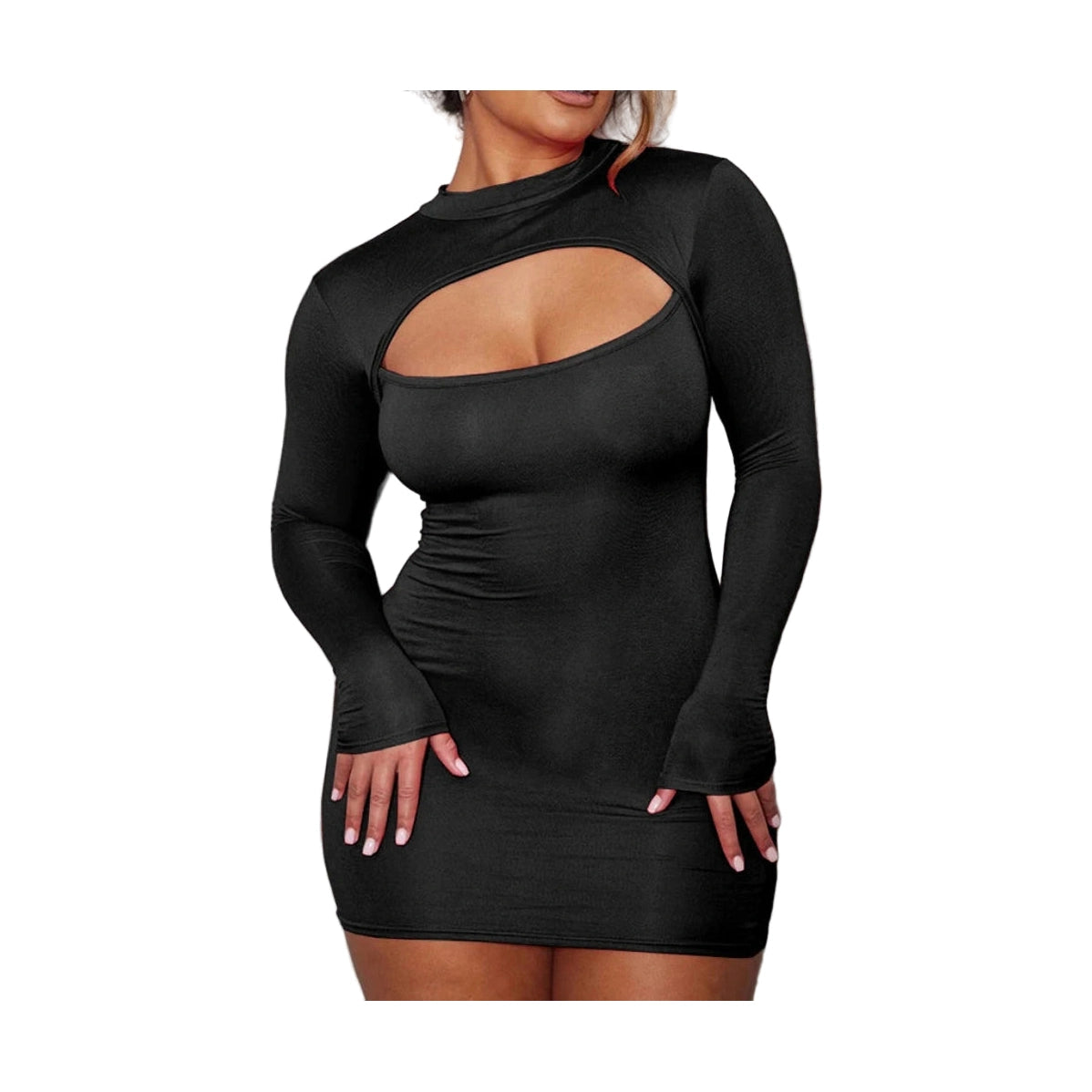 VacationGrabs black cut out bodycon dress with long sleeves and a front chest cutout design