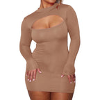 Woman wearing a brown tight long sleeve dress with a front cutout design black cut out bodycon dress