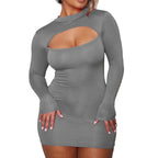 Gray long-sleeve cut out bodycon dress modeled by woman styled similar to black cut out bodycon dress