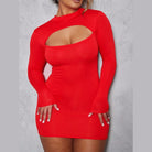 Red long sleeve bodycon dress with chest cut out detail on model against gray wall