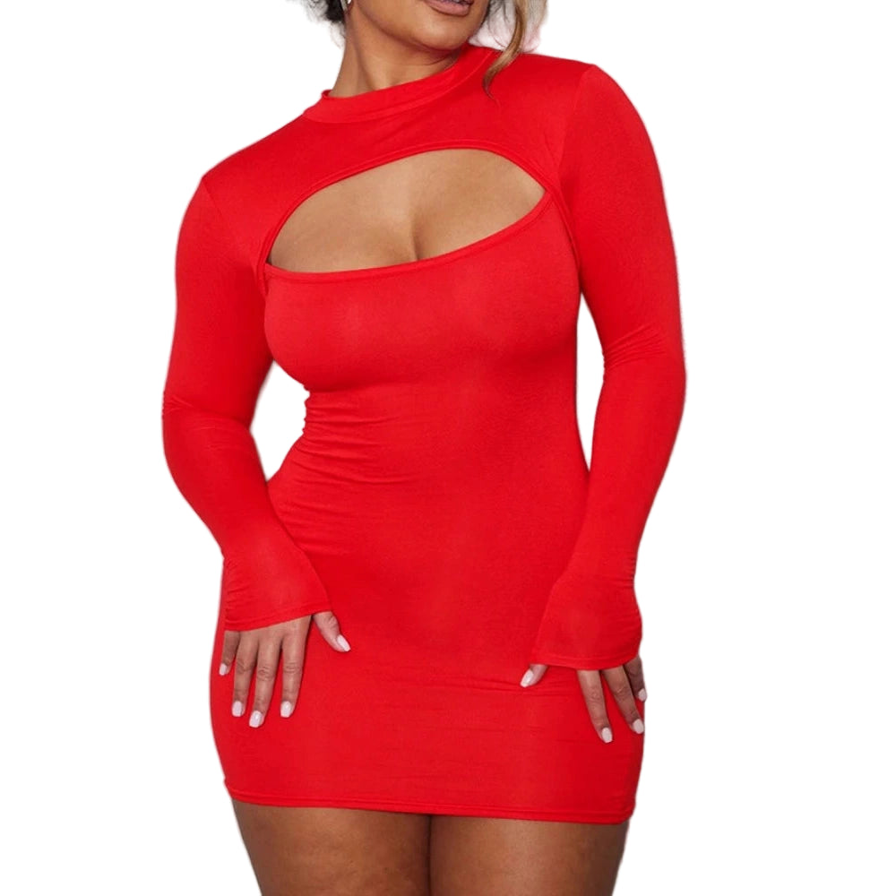 Red long sleeve bodycon dress with chest cut out detail on model against gray wall