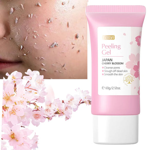 Sakura exfoliating gel for face, pink tube, cleanses and smooths skin