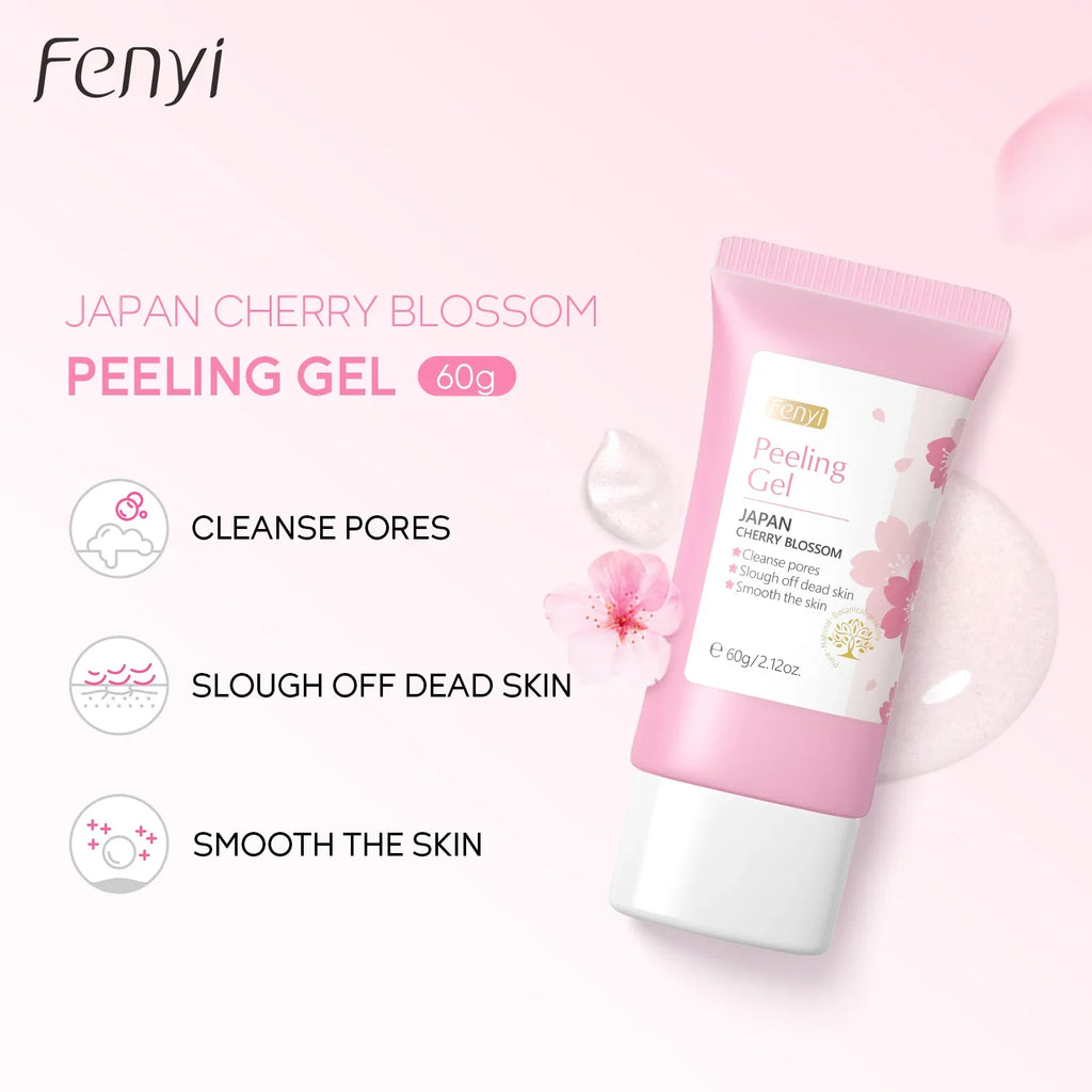 Sakura exfoliating gel for face in pink tube, smooths and cleanses skin