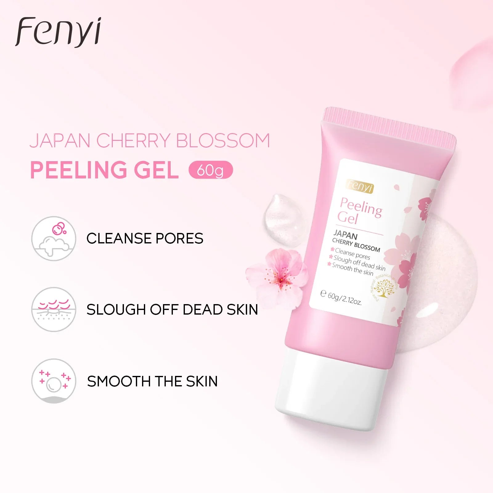 Sakura exfoliating gel for face in pink tube, smooths and cleanses skin