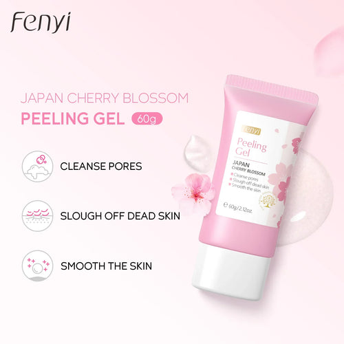 Sakura exfoliating gel for face in pink tube, smooths and cleanses skin