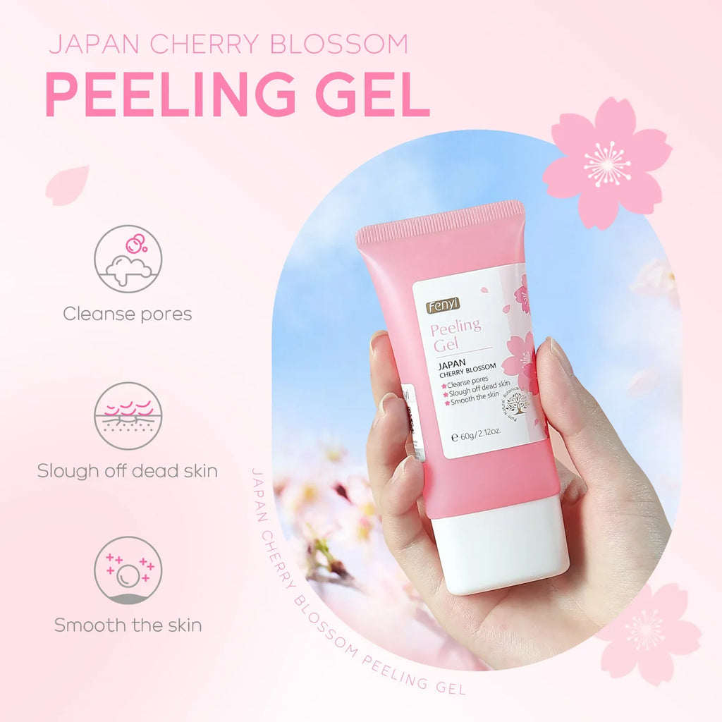 Sakura exfoliating gel for face in pink tube, gently cleanses and smooths skin