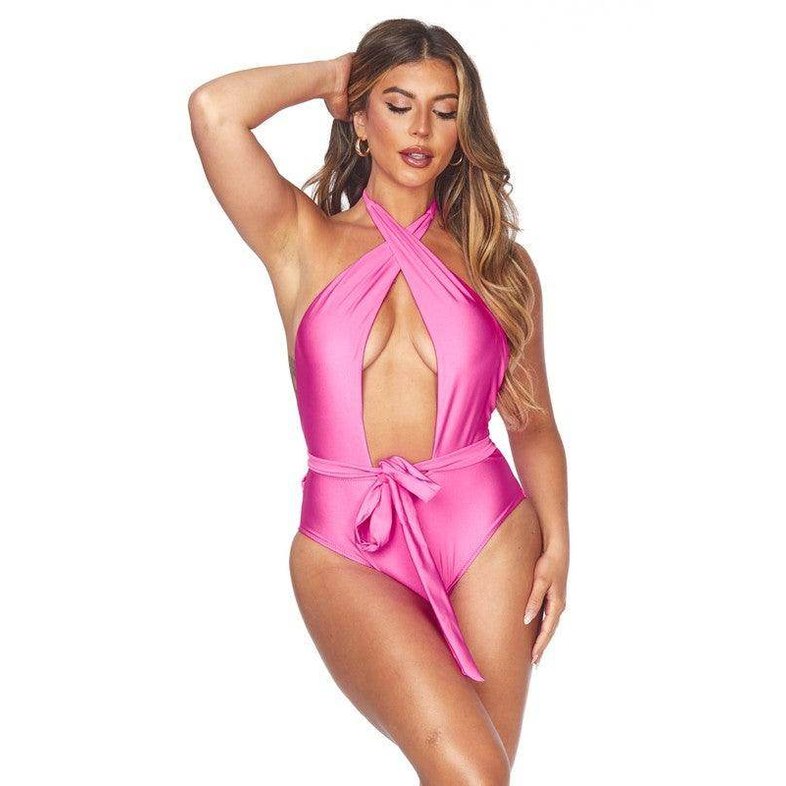 Swimwear - One Piece Criscross Halter Neckline Waist Wrap - VacationGrabs