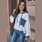 White Corded Colorblock Patch Pocket Drawstring Hooded Top - VacationGrabs