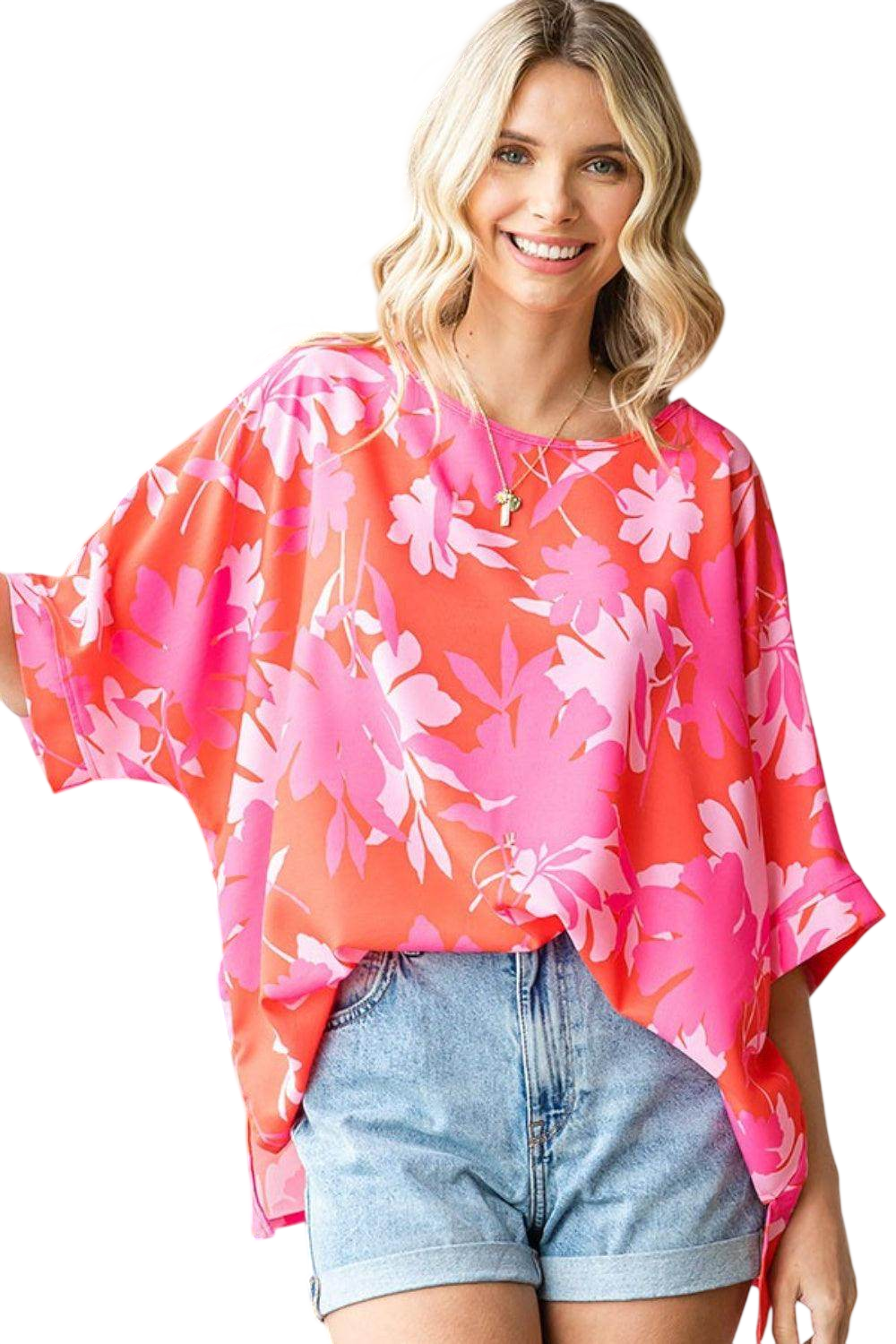 First Love Slit Printed Round Neck Half Sleeve Blouse