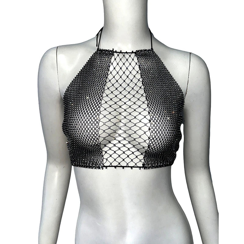 Black fishnet halter top for stylish summer beach wear