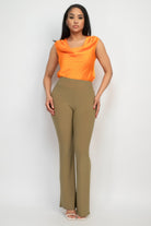 VacationGrabs women's olive green fit and flare casual pants paired with orange sleeveless top
