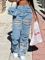 Flairé™ High Waist Ripped Jeans Women – Distressed Raw Hem Denim Pants