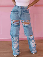 Flairé™ High Waist Ripped Jeans Women – Distressed Raw Hem Denim Pants