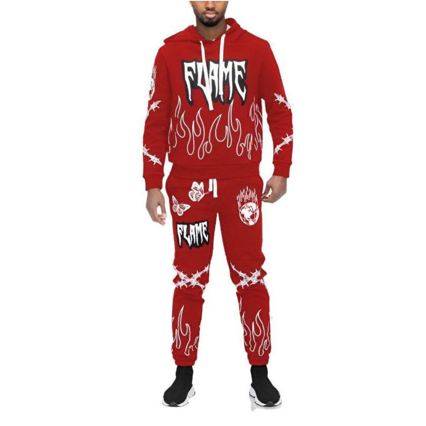 Flame Fire Chenille Hoodie Sweat Set - VacationGrabs