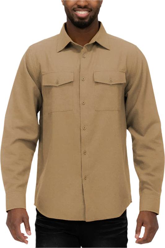 Men's brown WEIV flannel shirt with long sleeves and front pockets