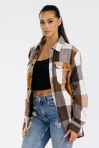 Lime Milo women's flannel shacket mens, brown and white plaid, casual wear
