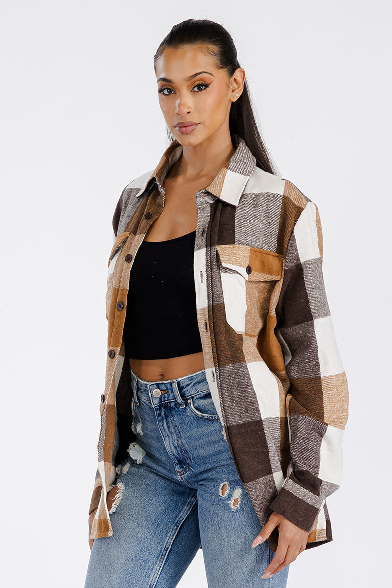 Lime Milo women's flannel shacket mens, brown and white plaid, casual wear