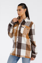 Lime Milo women's flannel shacket mens, brown plaid, stylish layering piece