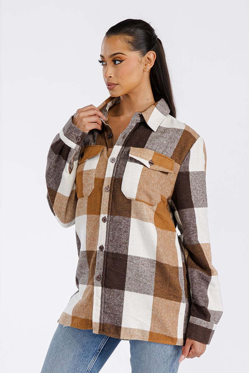 Lime Milo women's flannel shacket mens, brown plaid, stylish layering piece