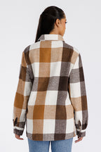 Lime Milo women's flannel shacket mens in brown plaid, perfect for casual wear