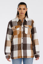 Lime Milo women's flannel shacket, brown plaid, cozy and stylish for casual wear