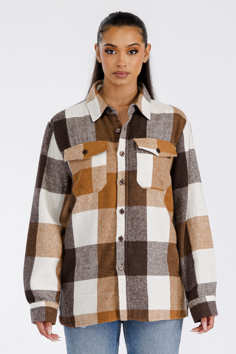 Lime Milo women's flannel shacket, brown plaid, cozy and stylish for casual wear