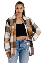 Lime Milo women's flannel shacket mens in brown plaid, stylish layering piece