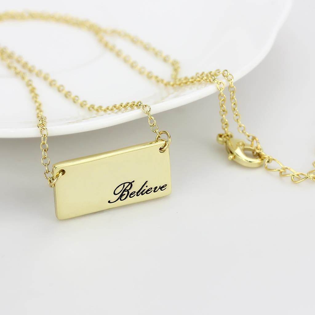 Elegant flash gold brass necklace featuring a rectangular pendant with 'Believe' engraving