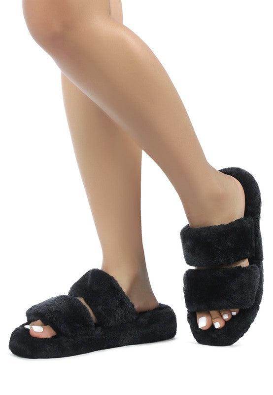 Women's black plush flats slip on for casual comfort