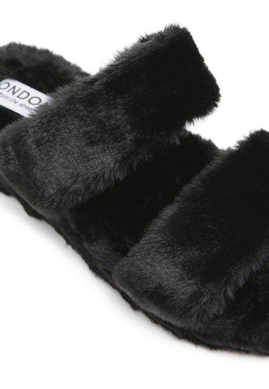 Rag Company women's black slip on flats, soft faux fur material