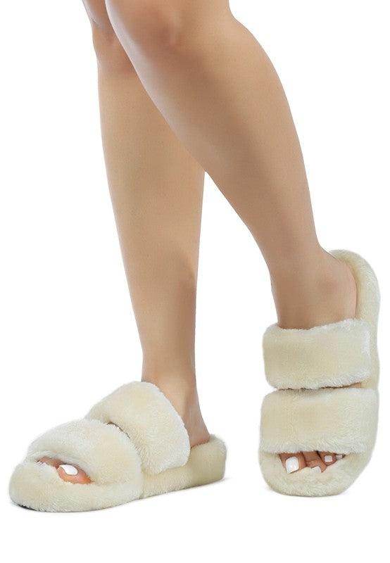 Rag Company women's cream slip on flats with soft fur for casual comfort