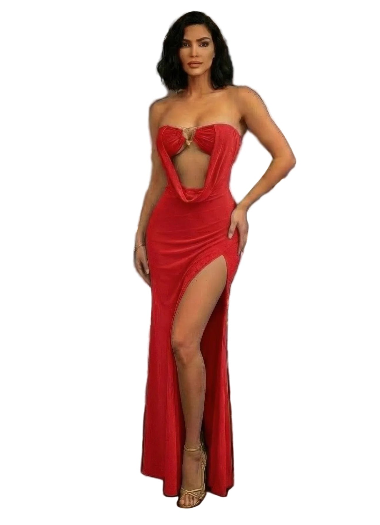 Red floor length evening gown with a slit and cutout details for women's clubwear