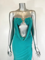 Women's teal floor length evening gown, perfect for upscale events