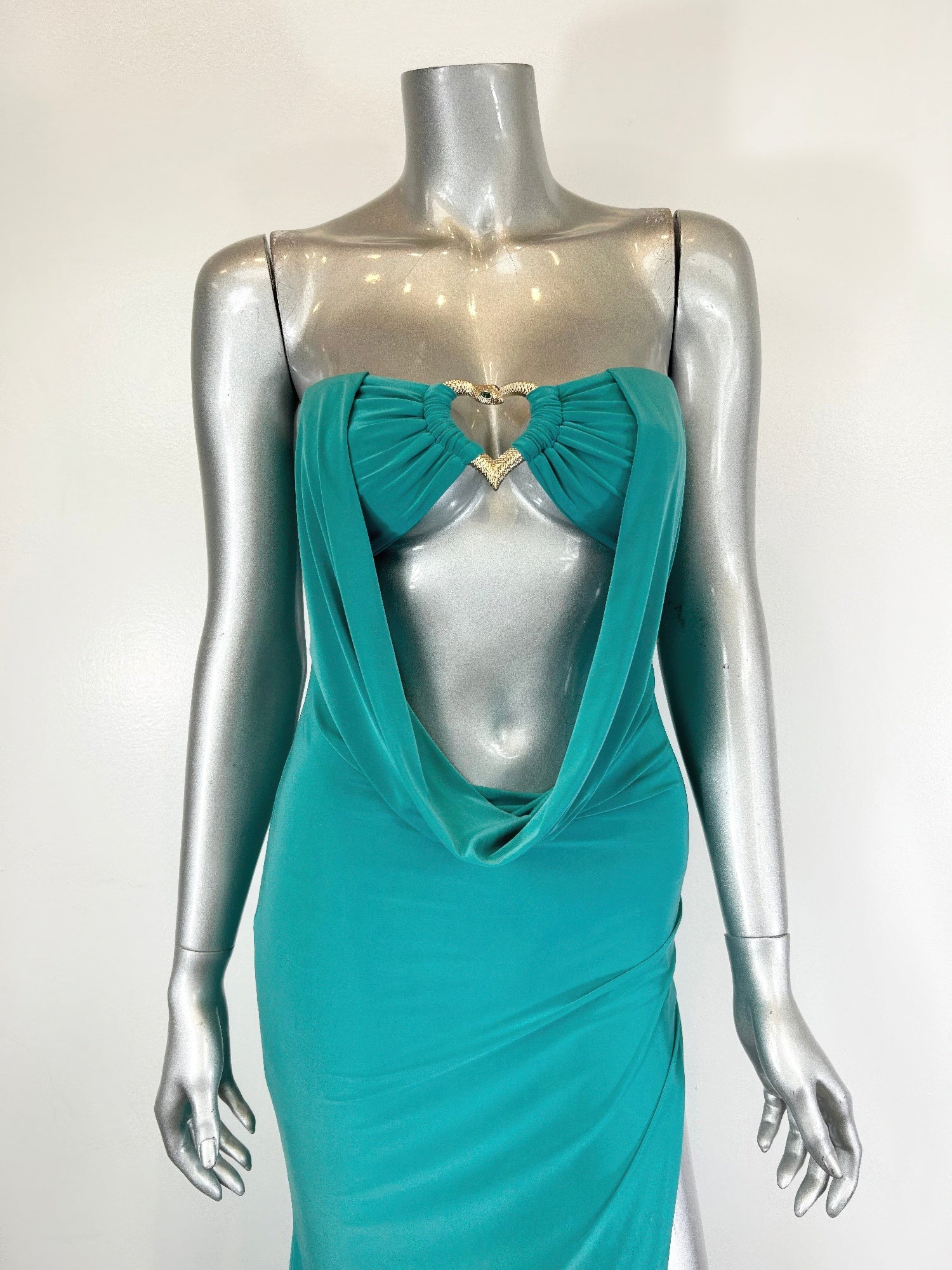 Women's teal floor length evening gown, perfect for upscale events