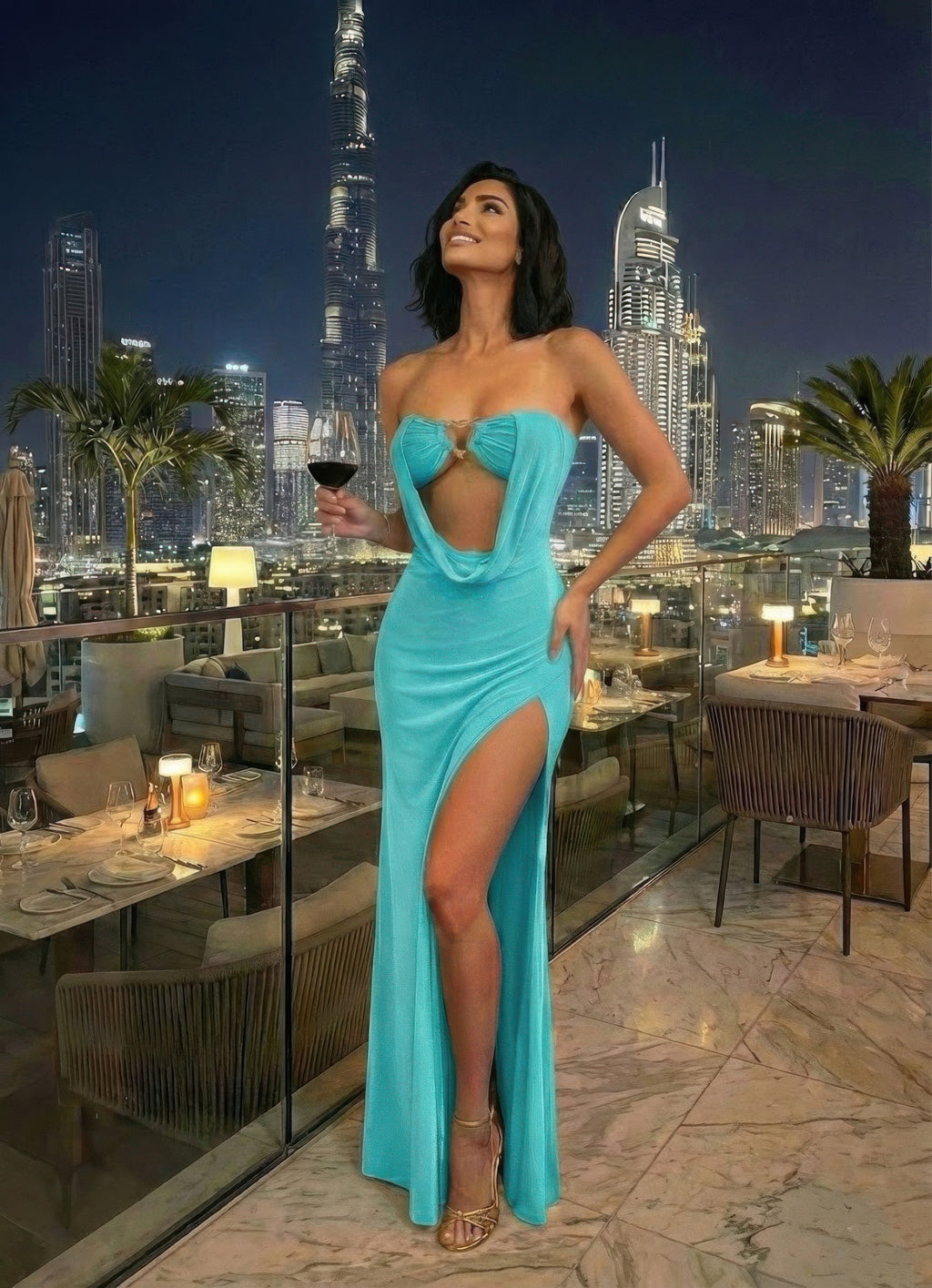 Women's floor length evening gown in turquoise, perfect for upscale events