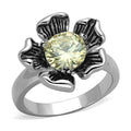 Floral citrine ring featuring a large yellow stone set in a stylish silver band