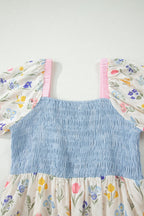 Pretty Bash floral dress dress with blue smocked bodice and floral puff sleeves
