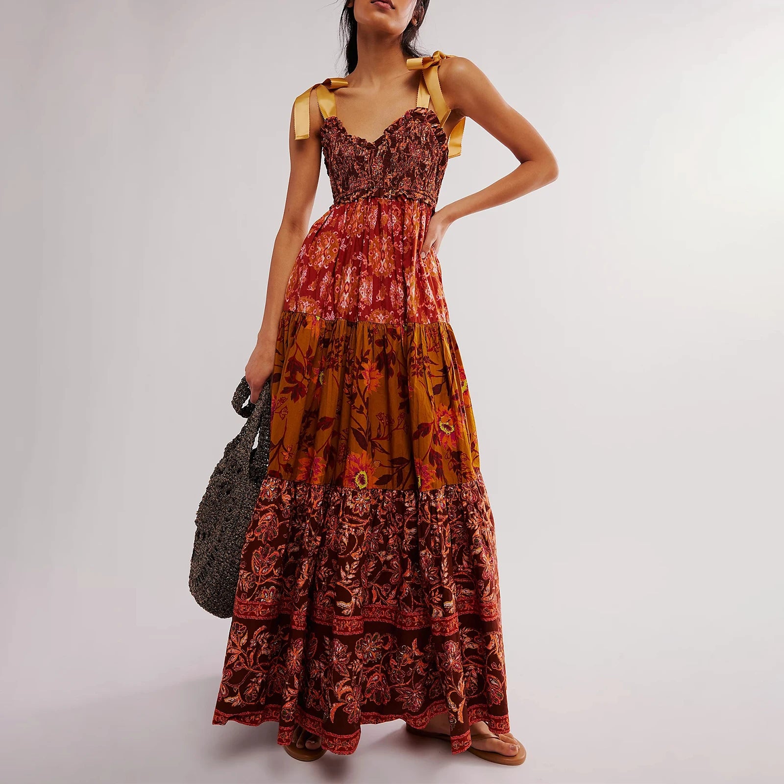 Women's floral dress with layered patterns for casual summer outings