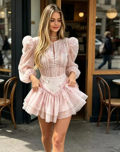 Floral dress dress in pink with puff sleeves for casual outings