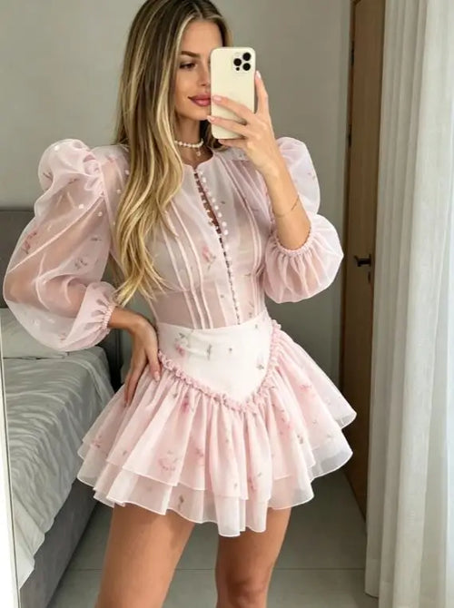 Floral dress dress in soft pink with puff sleeves, perfect for summer outings