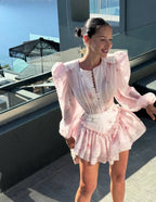 Floral dress dress in pink with puff sleeves, ideal for summer outings