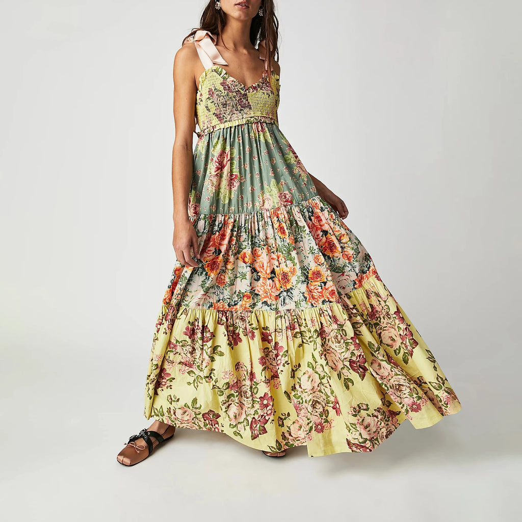 Women's floral dress in yellow and green, perfect for summer outings