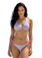 VacationGrabs floral embroidery triangle bikini in pink and blue with adjustable ties and a stylish design