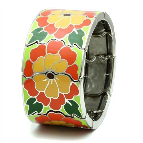 Colorful floral enamel stretch bracelet featuring vibrant flowers in red and yellow on a silver base