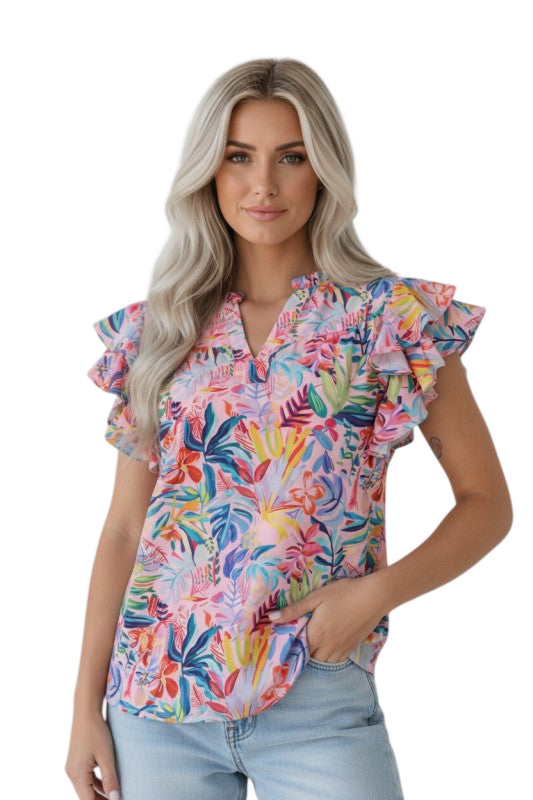 Women's Floral Blouse with Ruffled Sleeves