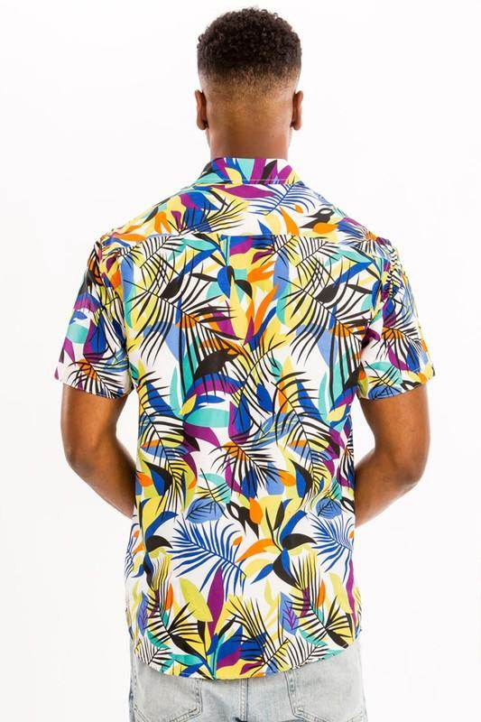Colorful WEIV Floral Hawaiian Shirt for Men showcasing vibrant tropical patterns on a short-sleeve design