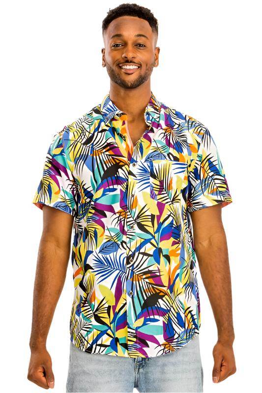 Colorful Floral Hawaiian Shirt for Men with Tropical Leaf Patterns, Perfect for Summer Outings